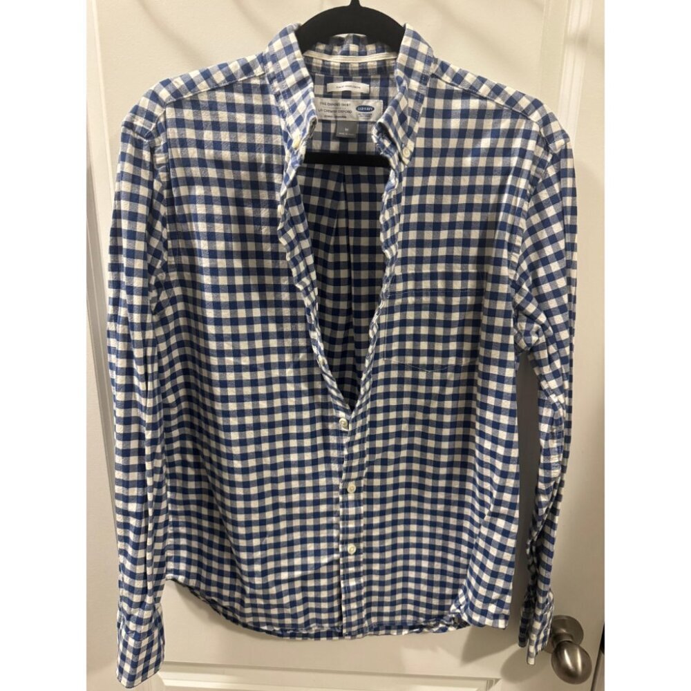 Old Navy Oxford Check Shirt Men's Medium Blue/White Gingham Slim Fit Long Sleeve